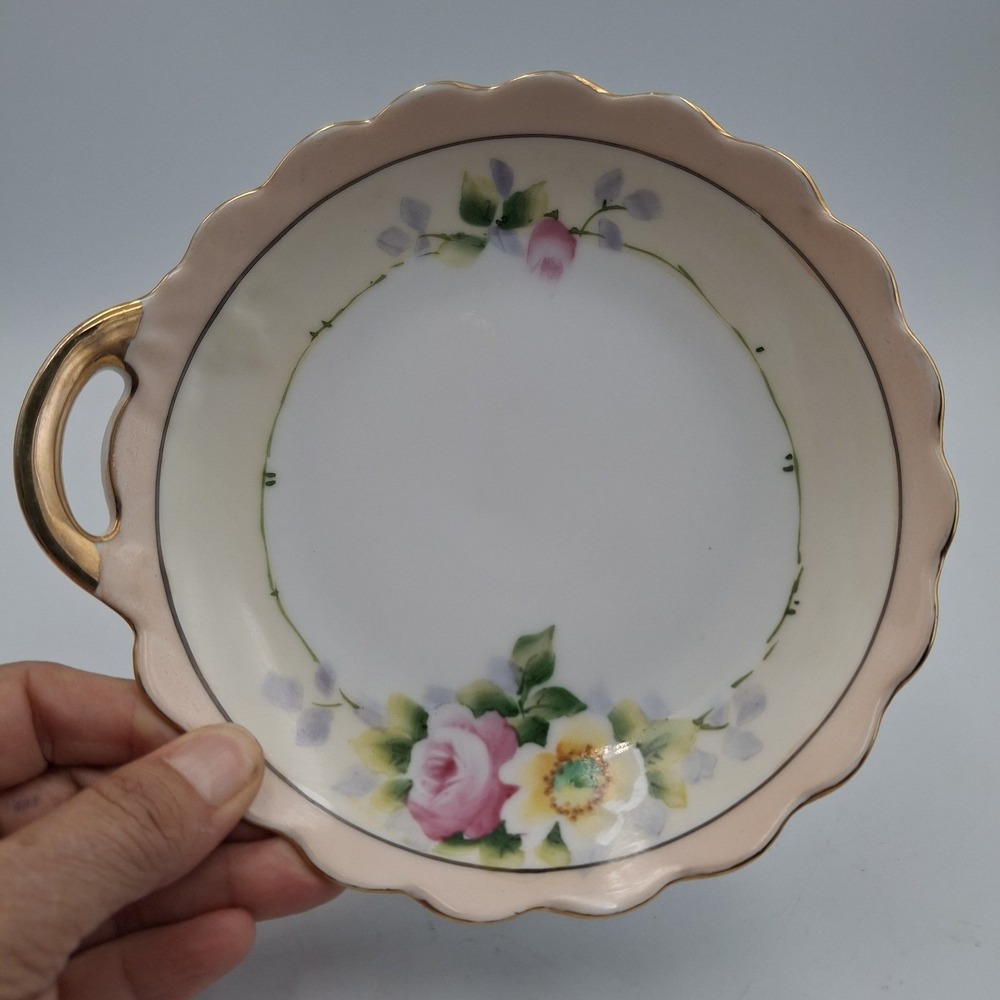 Vintage Noritake Hand Painted Nappy‎ Bon Bon Dish Single Handle Pink Roses